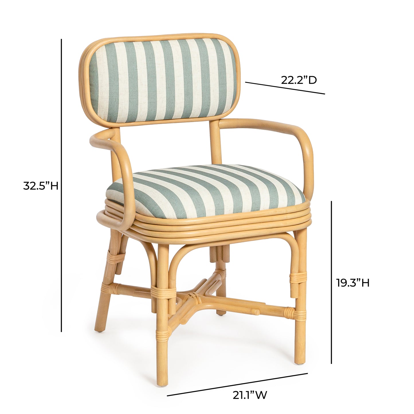 Dorine Striped Performance Linen & Rattan Dining Armchair - Mint Green - Image 8