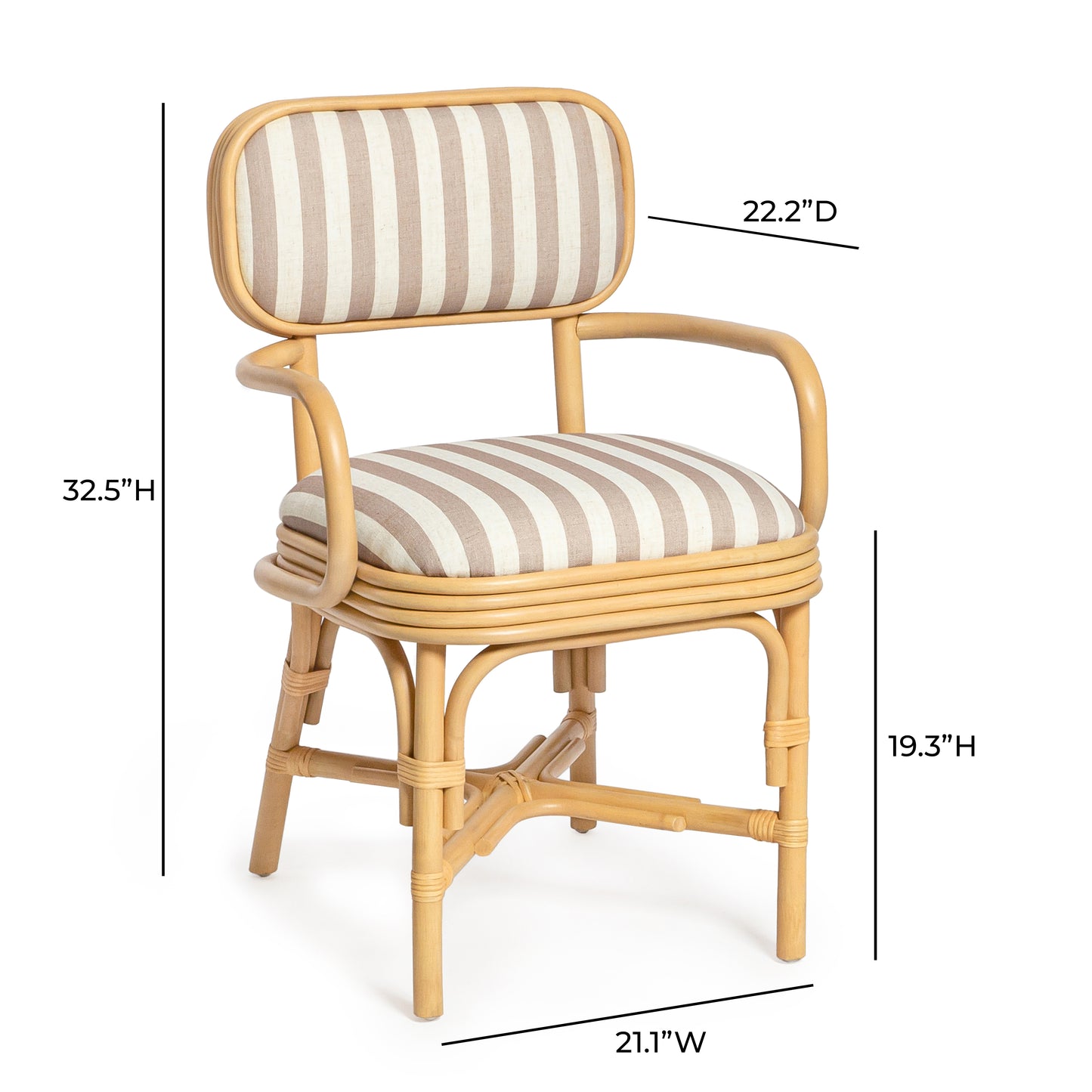Dorine Striped Performance Linen & Rattan Dining Armchair - Khaki - Image 8