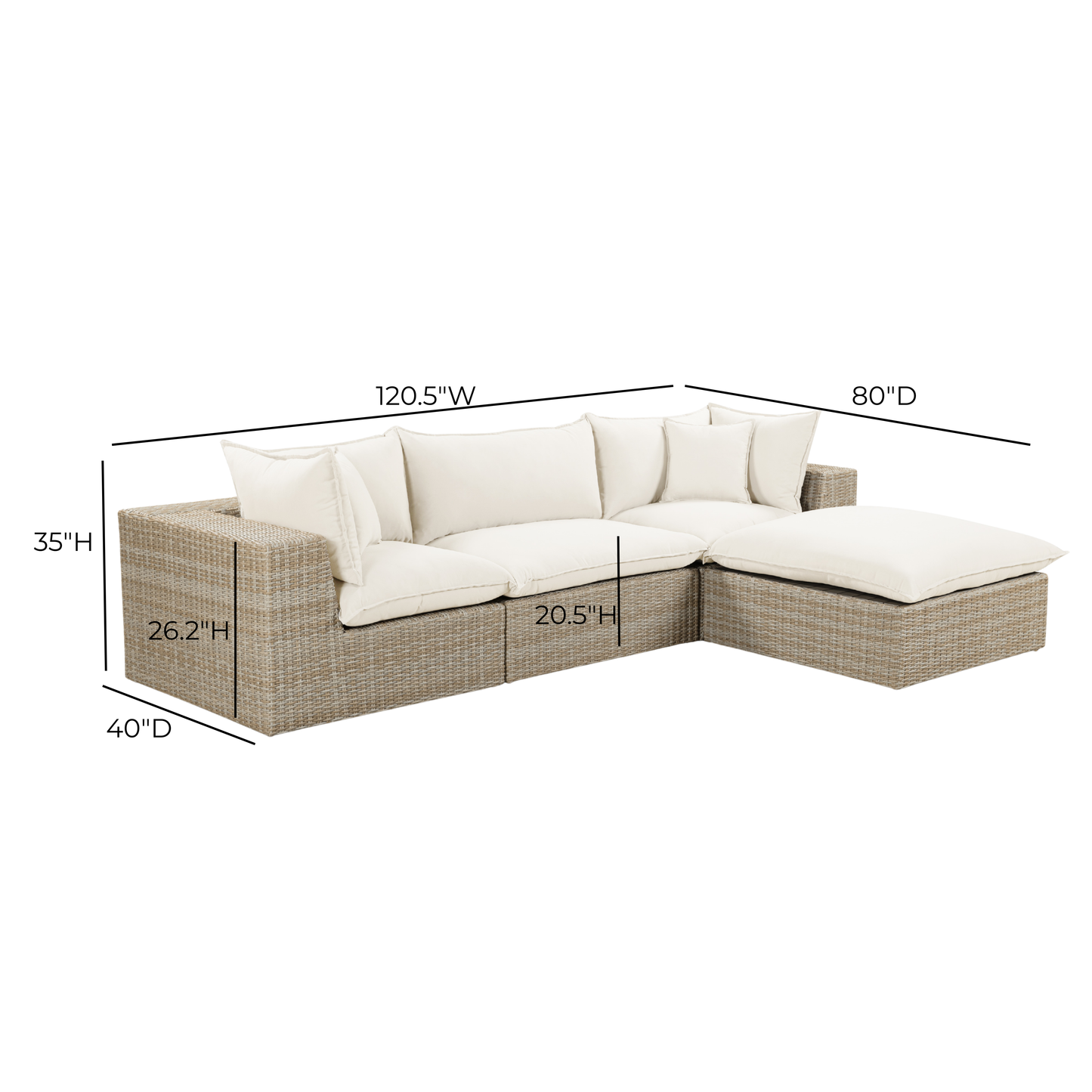 Cali 4-Piece Performance Fabric & Wicker Outdoor Sectional - Cream / Beige - Image 8