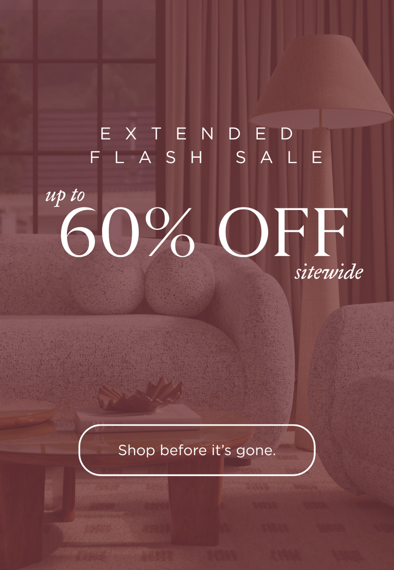 Living room with furniture and a promotional text overlay for an extended flash sale.