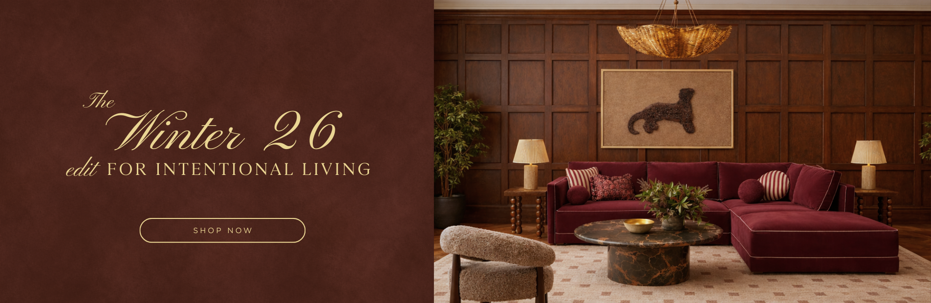 Living room with burgundy sofa, coffee table, and wall art on a brown background with text overlay.