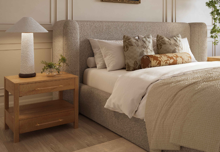 Elegant and serene bedroom design with cozy bedding, stylish furniture, and calming decor, creating a relaxing and inviting space.
