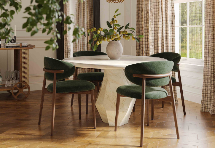 Chic and modern dining room setup with a spacious dining table, comfortable chairs, and tasteful decor, ideal for gatherings and meals.