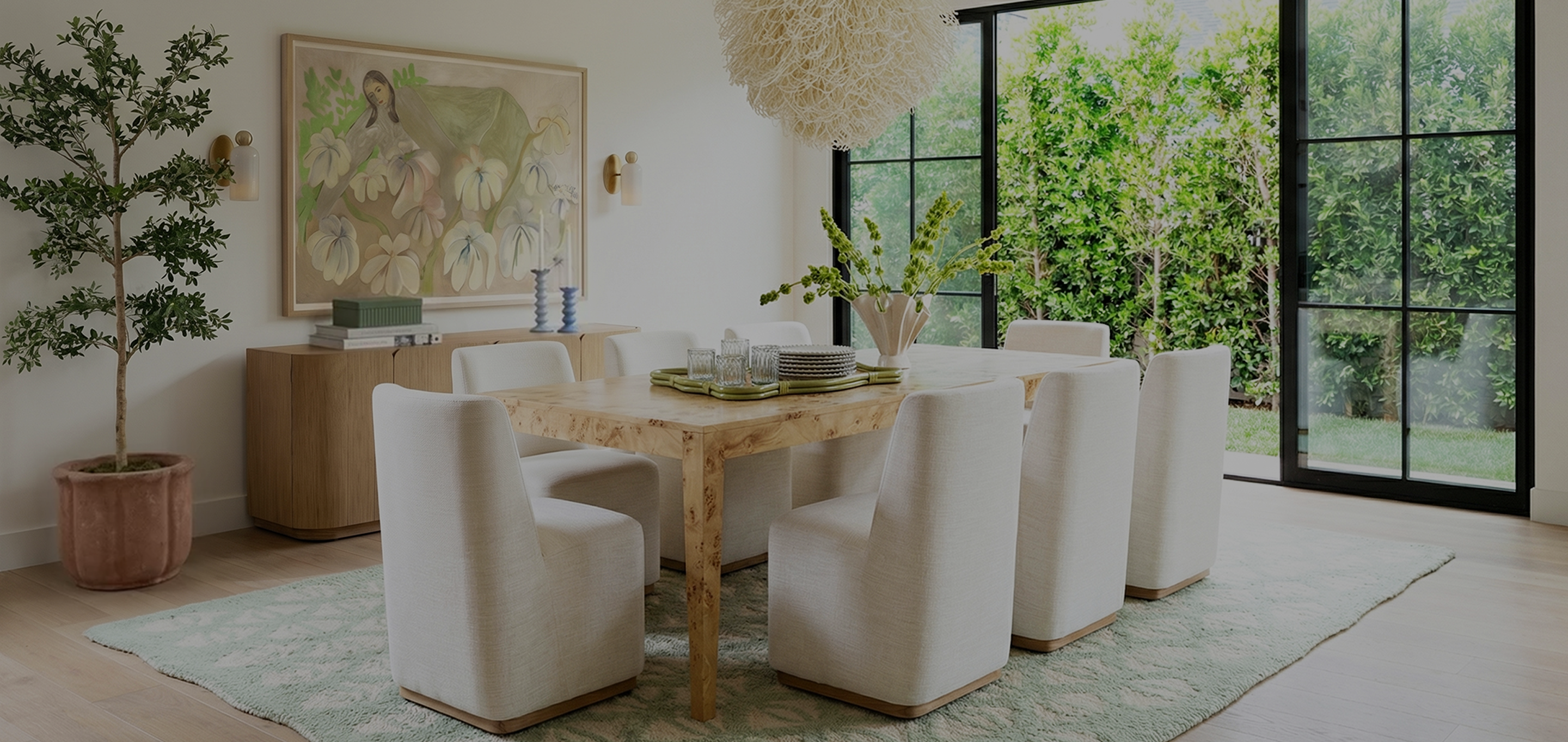A modern dining room featuring a light wood dining table surrounded by six white upholstered chairs, set on a textured light green rug. A large, framed abstract landscape painting hangs on the beige wall above a wooden sideboard, and a large black-framed glass window looks out onto a lush green garden.