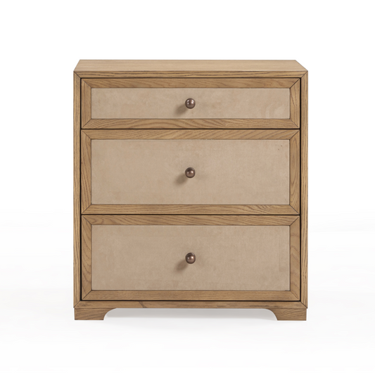 Laurentis 23.5" Light Taupe Suede and Wood 3-Drawer Nightstand - Image 1