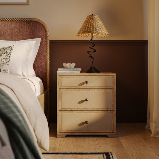 Laurentis 23.5" Light Taupe Suede and Wood 3-Drawer Nightstand - Image 2