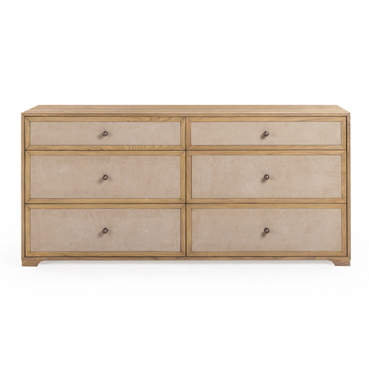 Laurentis 64" Light Taupe Suede and Wood 6-Drawer Dresser - Image 1