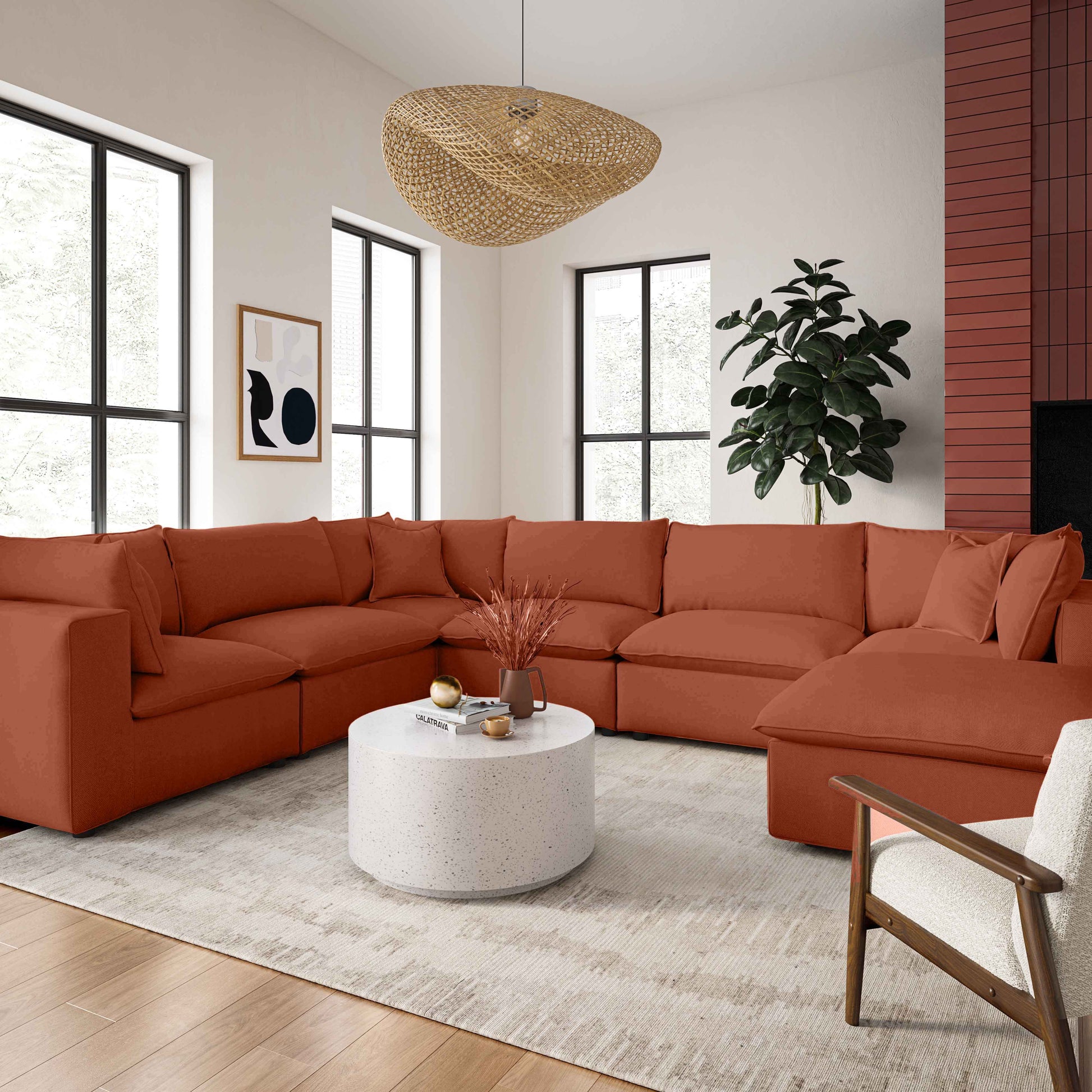 Cali 7-Piece Performance Fabric Modular Large Chaise Sectional - Rust - Image 2