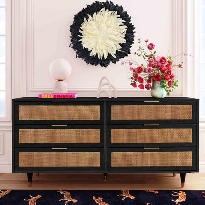Sierra 60" Cane 6-Drawer Dresser - Black - Image 1