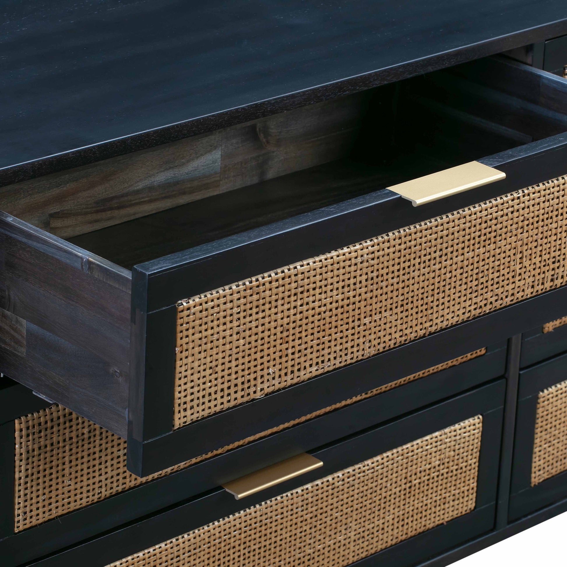 black dresser with cane webbing 59x15x26 in Marsden Mid-Century Modern Black 6-Drawer Rattan Cane Dresser (54 in. W x 36 in. H)