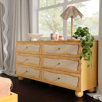 Grappa 62" Natural Wood & Raffia Wavy 6-Drawer Dresser - Default Title - Image 1