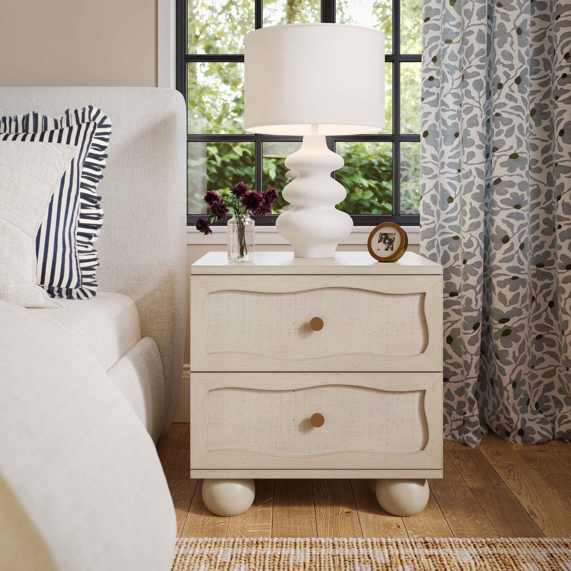 Grappa 22" Wood & Raffia Wavy 2-Drawer Nightstand - White - Image 2