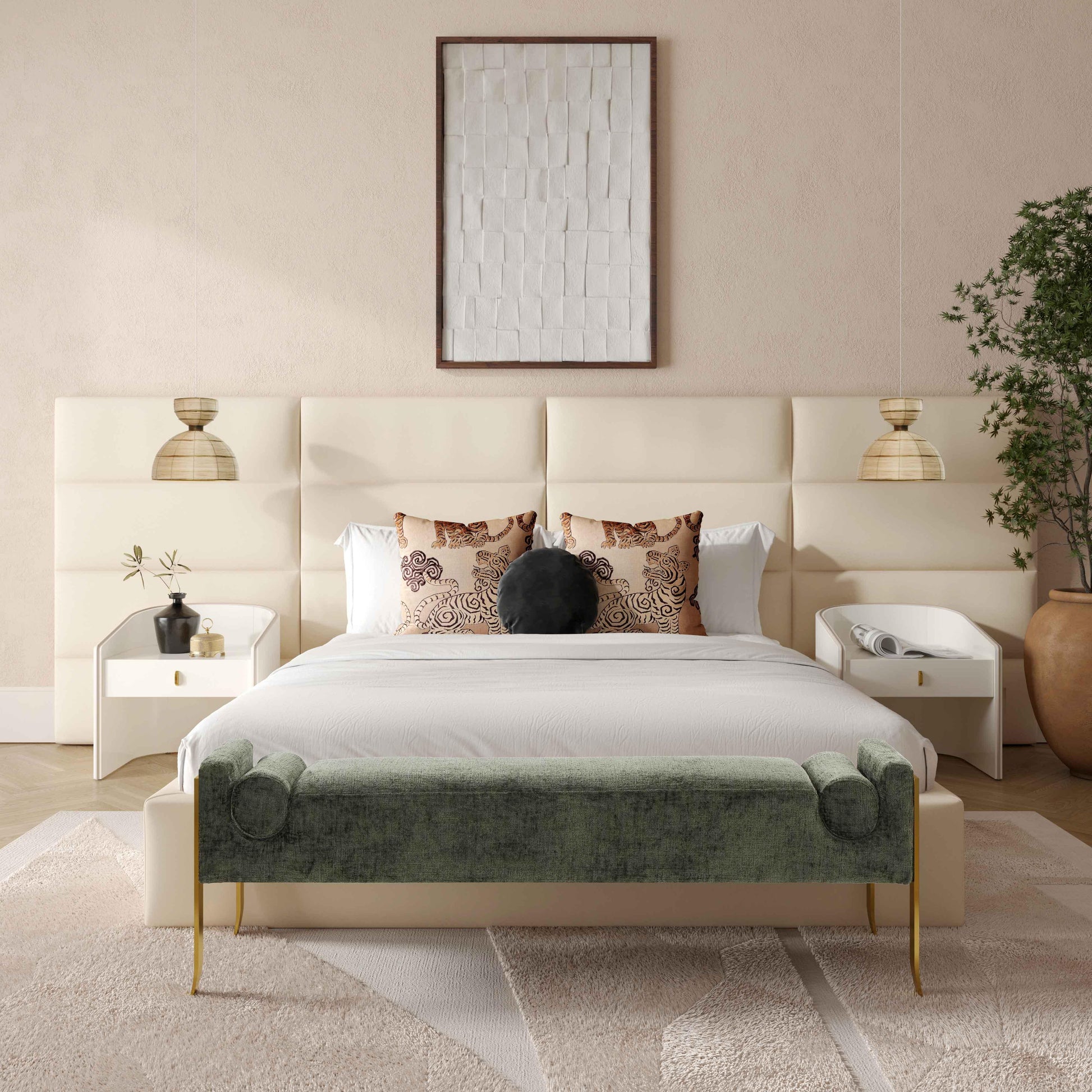 Eliana Performance Velvet Headboard Wings - Cream / Queen - Image 2