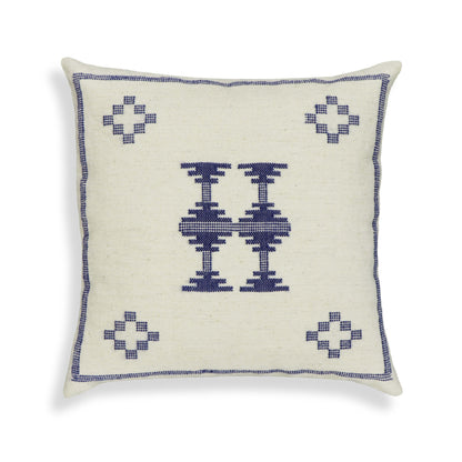 Aztec 20" Cream & Indigo Wool Square Throw Pillow Cover - With Insert - Image 1