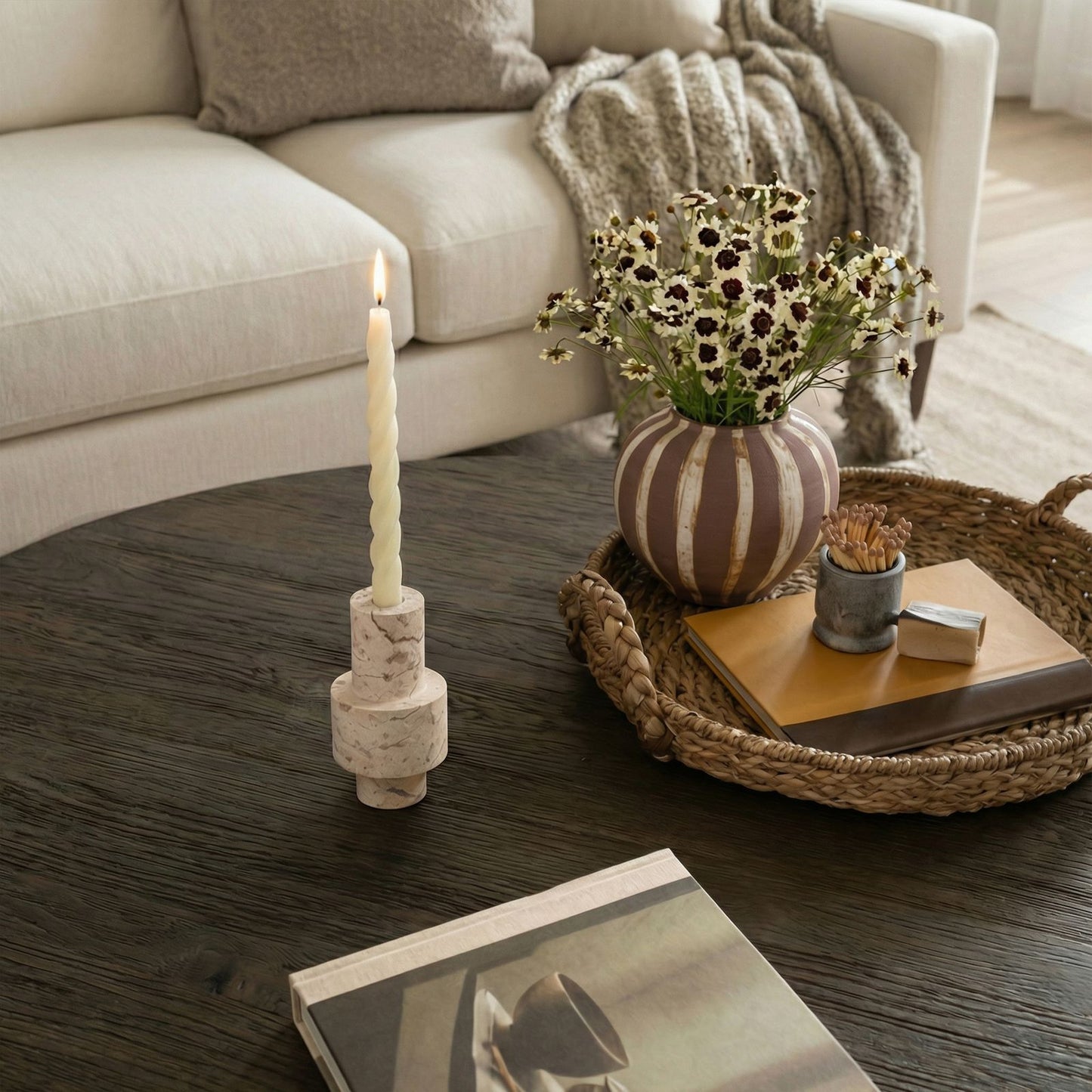 Natural Travertine Turned Candle Holder - Image 2