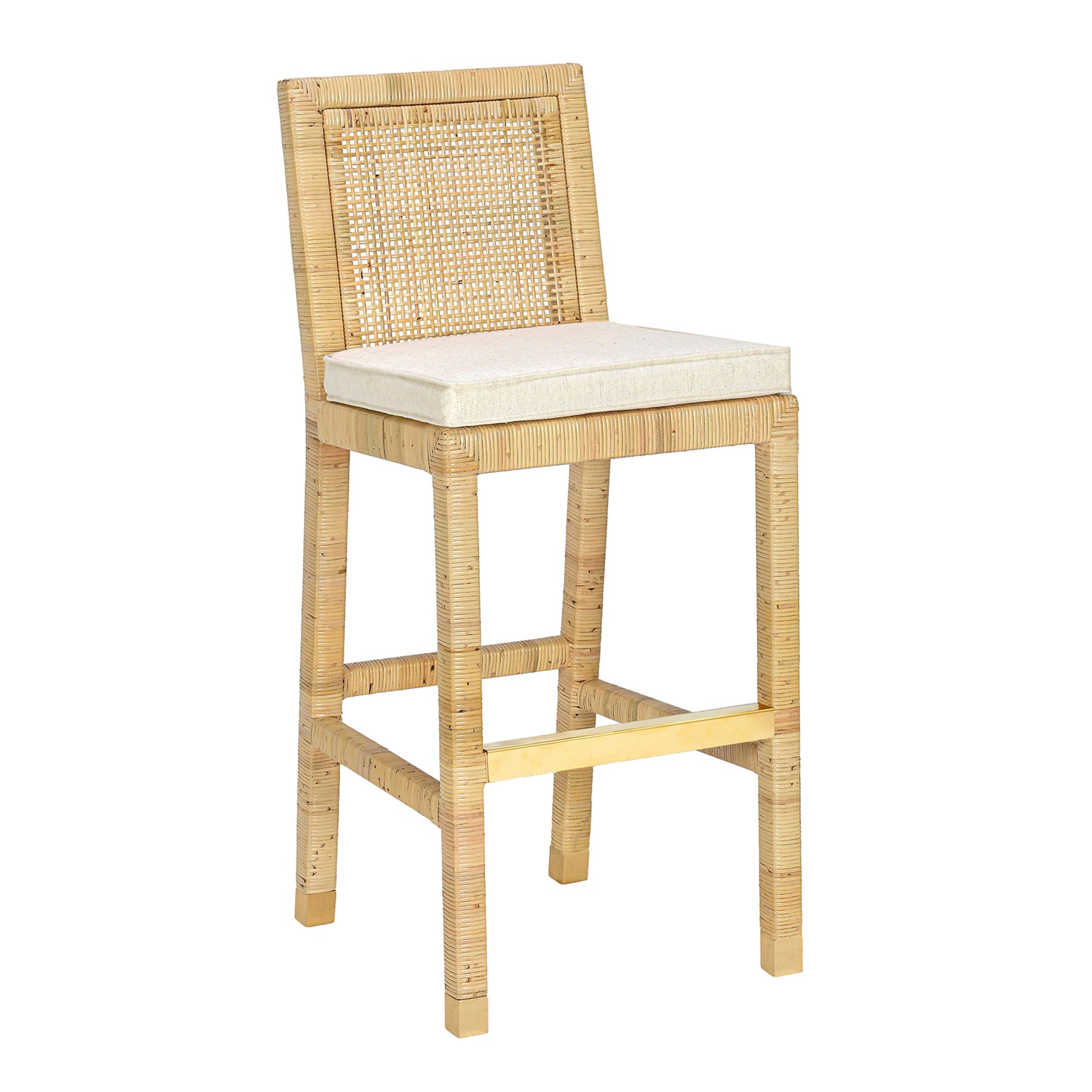 Amara Rattan & Cream Contract-Grade Linen Stool - Bar Height - Image 3