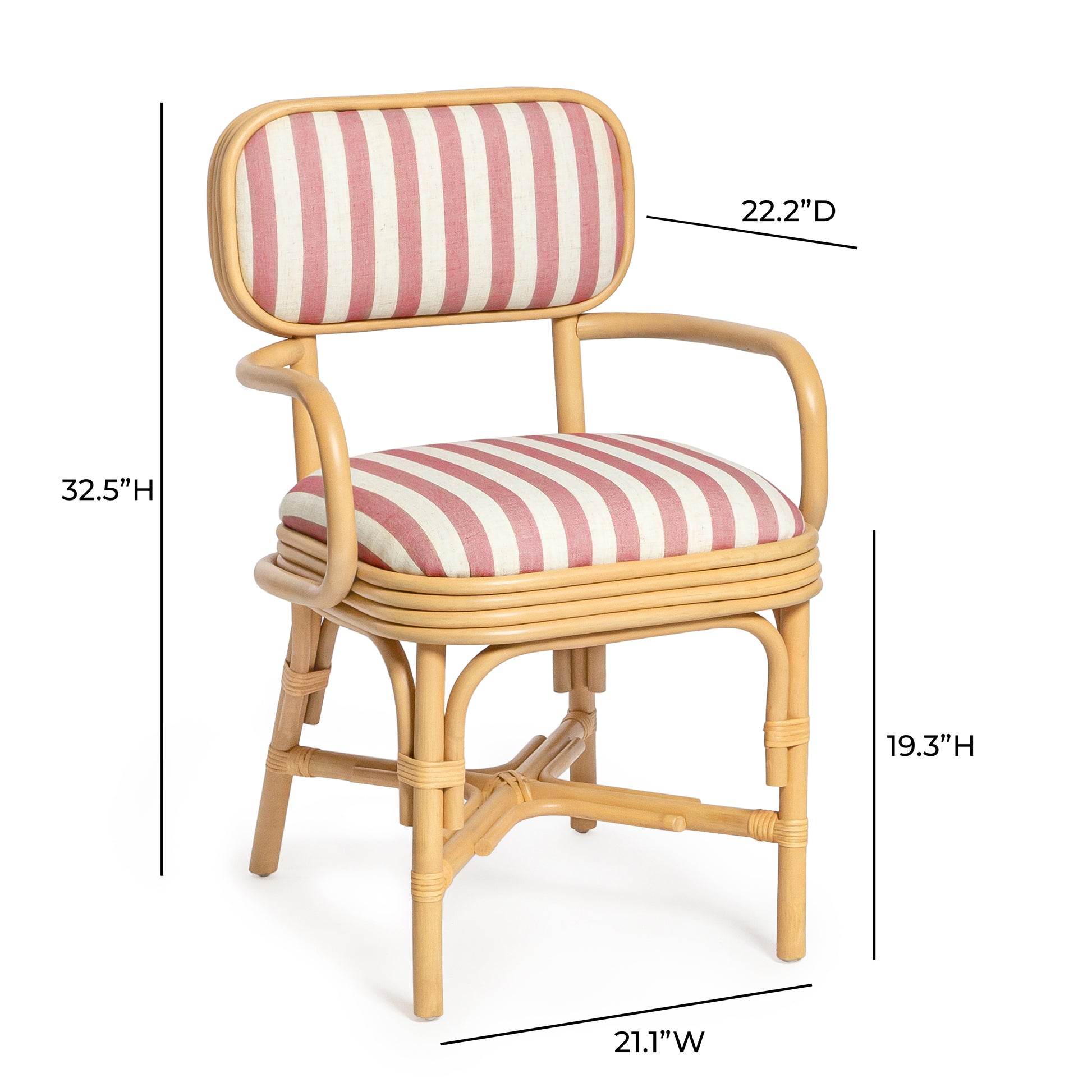 Dorine Striped Performance Linen & Rattan Dining Armchair - Cherry - Image 8