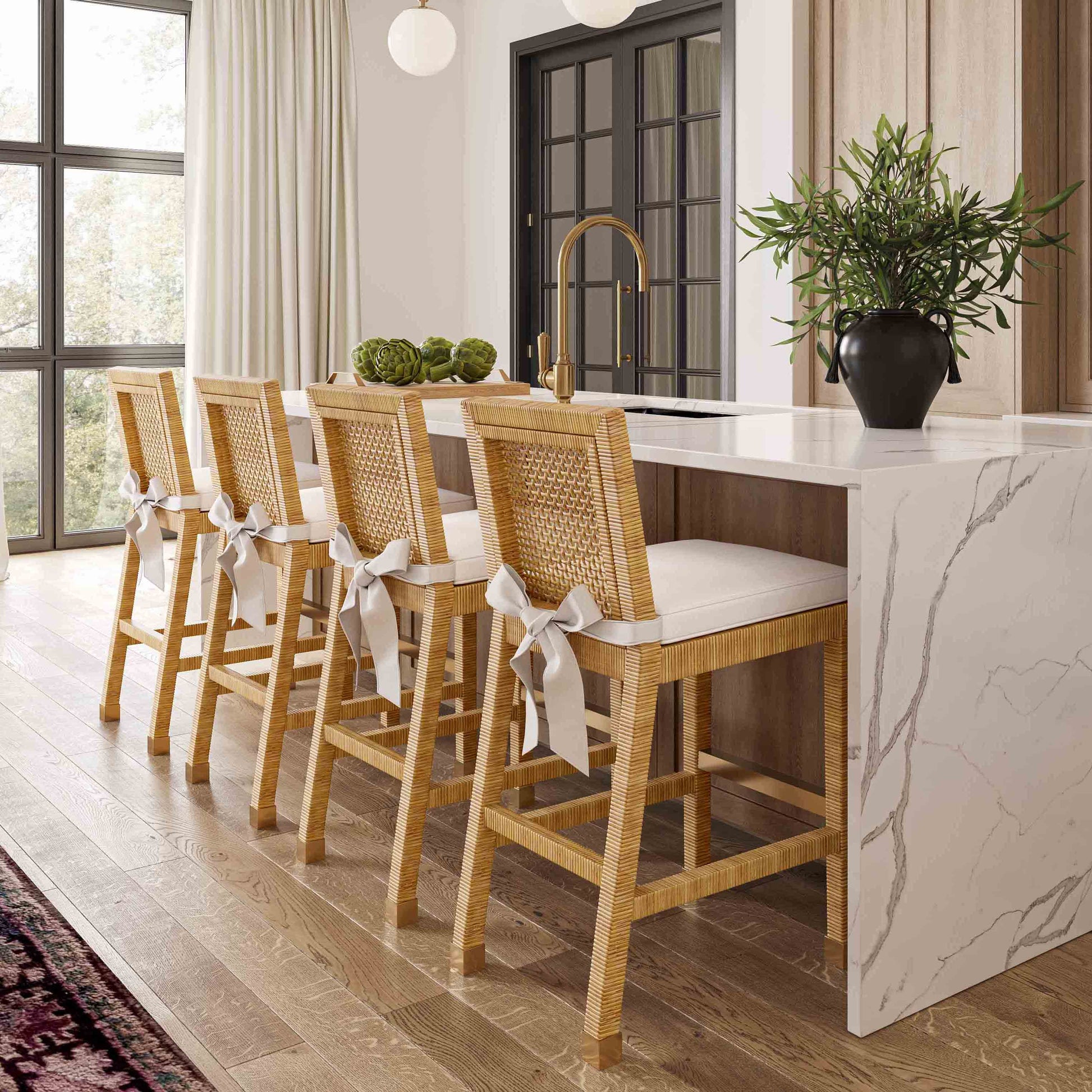 Amara Woven Rattan Performance Fabric Stool - Bar Height - Image 2