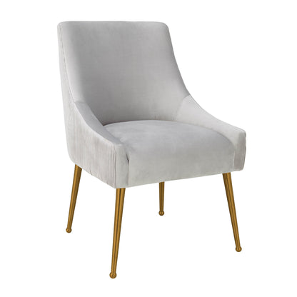 Beatrix Pleated Performance Velvet Dining Chair - Light Grey/Gold - Image 2
