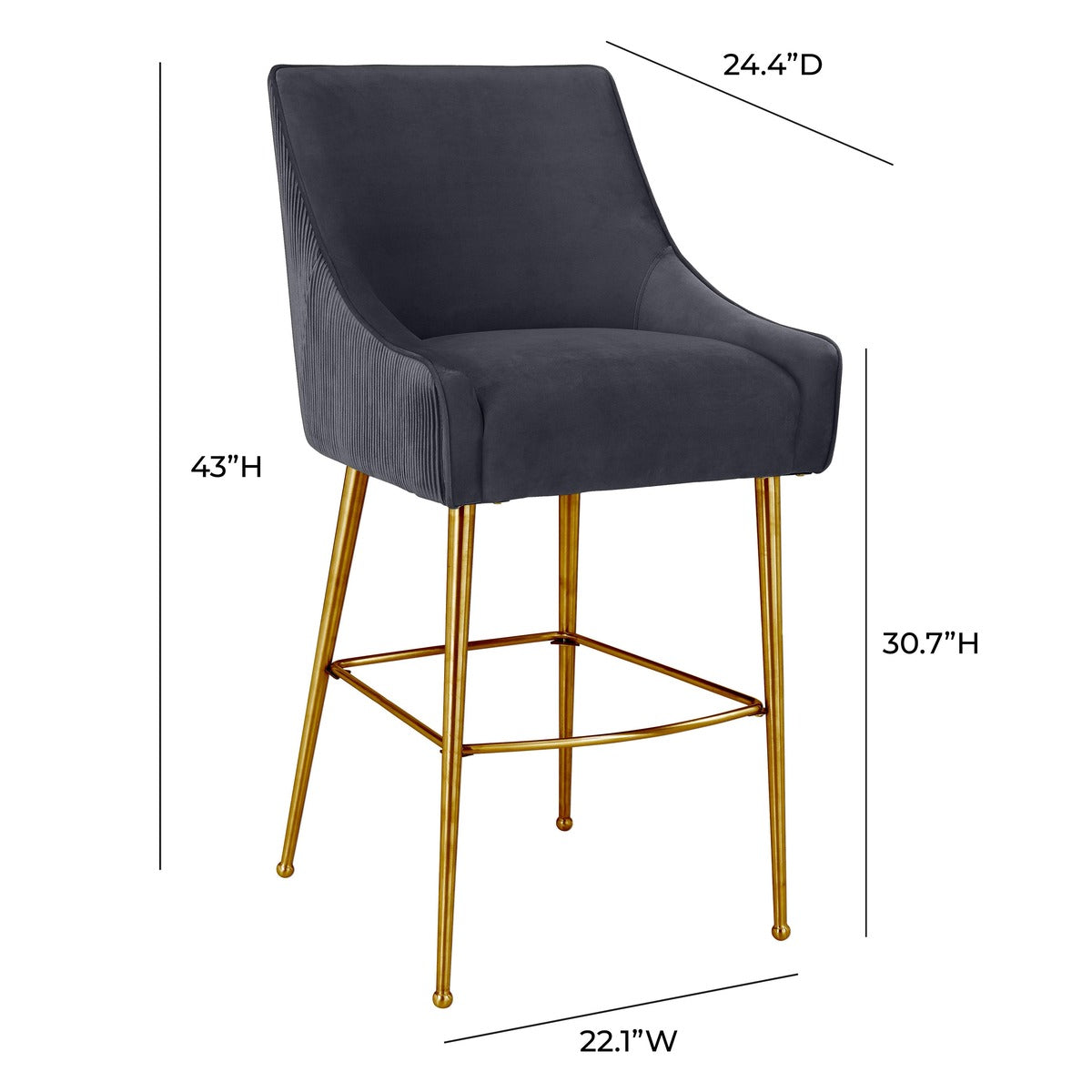 Beatrix Pleated Performance Velvet Stool - Grey / Bar Height - Image 6