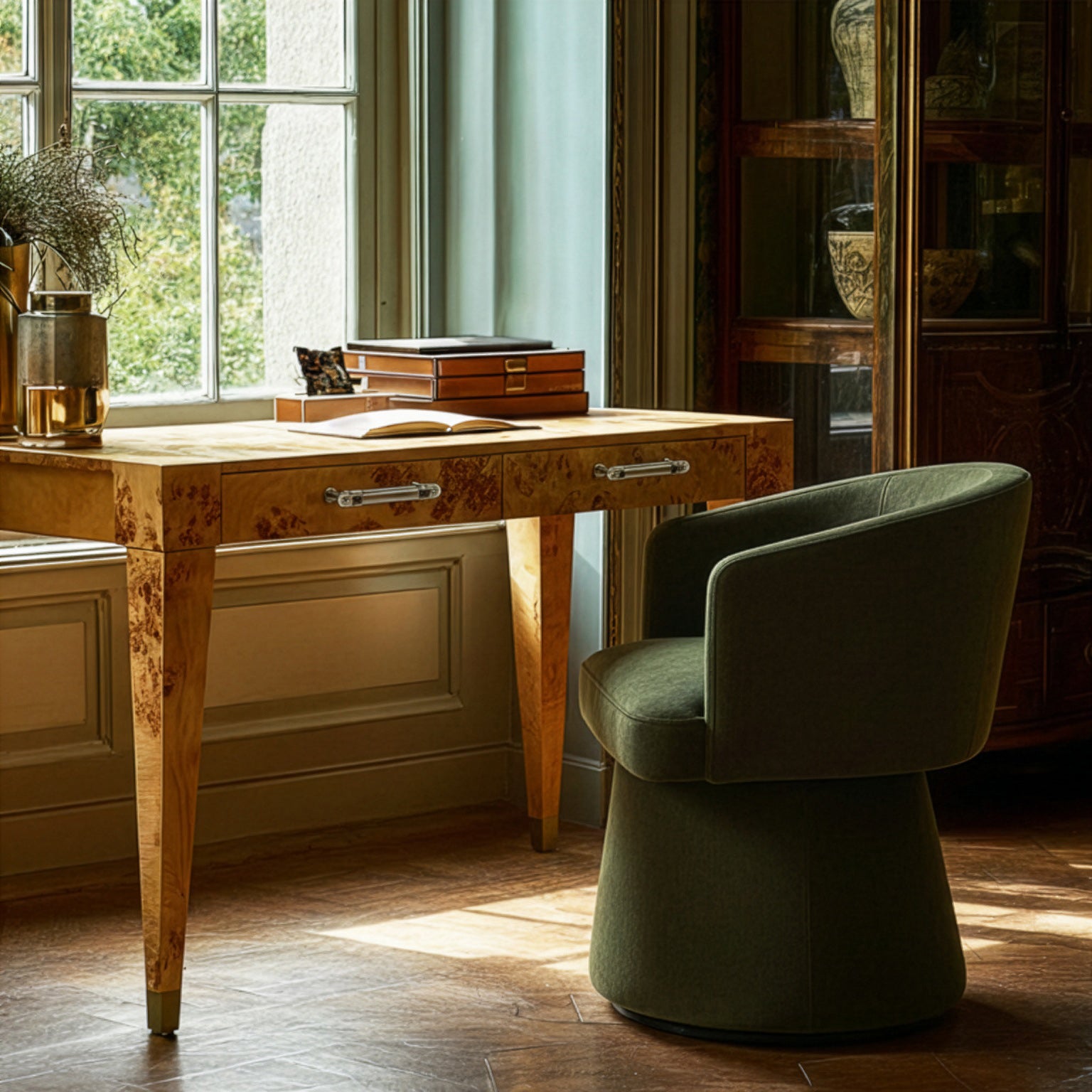 Kristen Upcycled Contract-Grade Chenille Rolling Desk Chair - Olive Green - Image 3