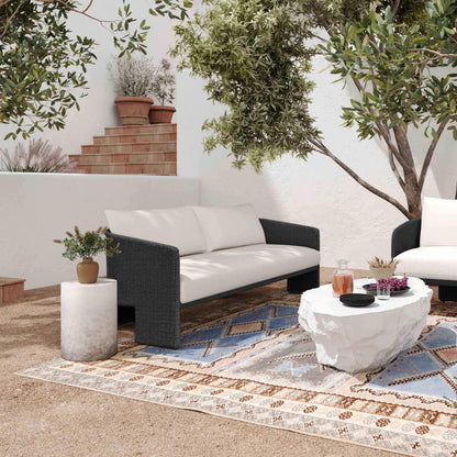 Alexa 80" Rattan Performance Fabric Outdoor Sofa - Black,Cream - Image 1