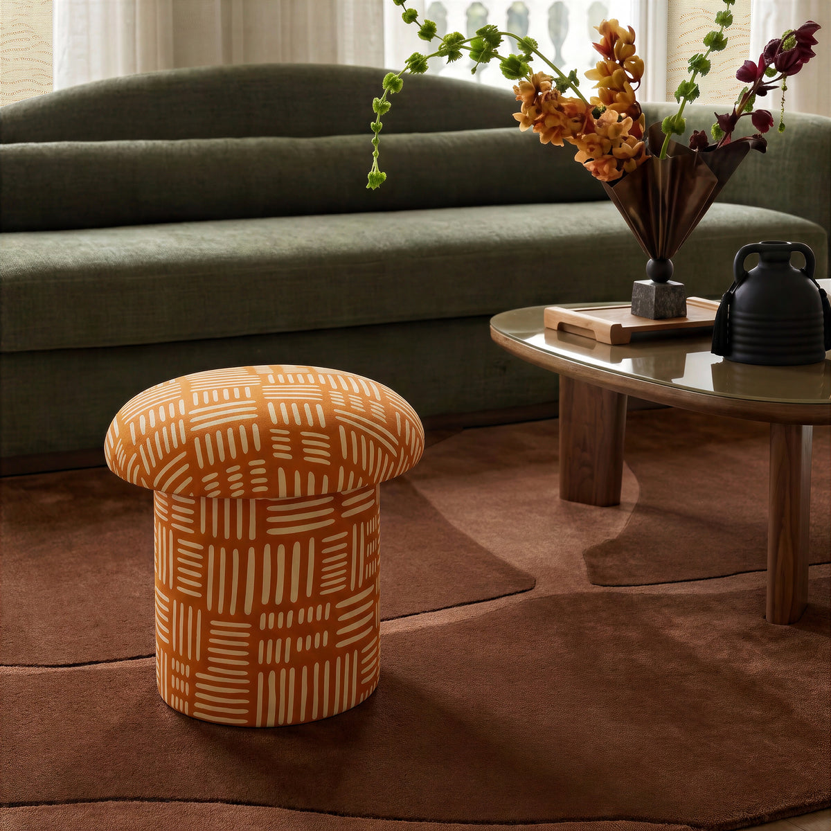 Lucy Rust Orange Tribal Print Mushroom Accent Stool - Image 2