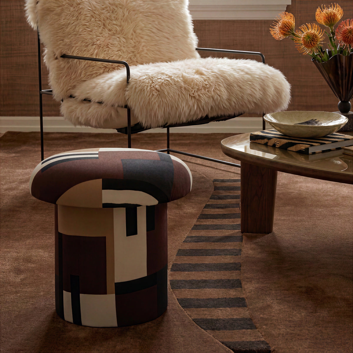 Lucy Mud Brown Abstract Print Mushroom Accent Stool - Image 2