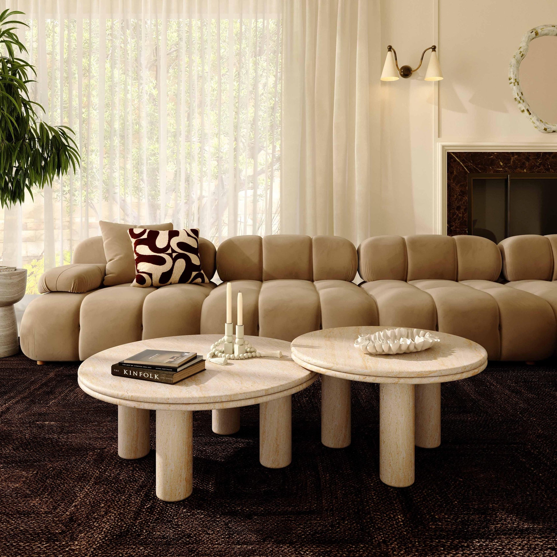 Amora Faux Travertine Indoor/Outdoor Round Accent Table (26"-32") - 32" - Image 2