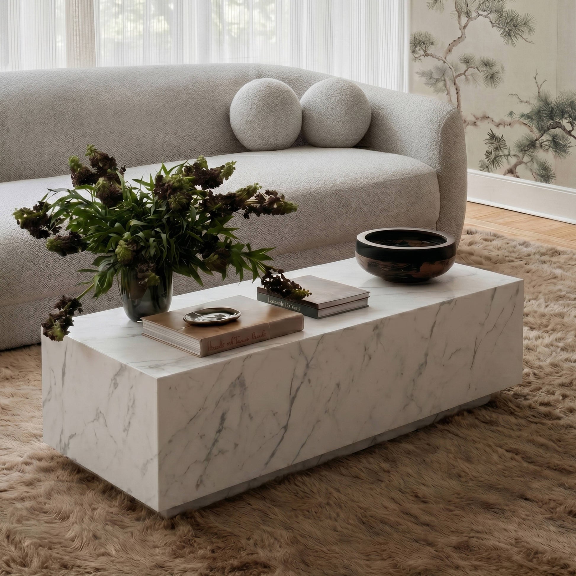 Romy 47" Rectangular Coffee Table - White Marble - Image 2