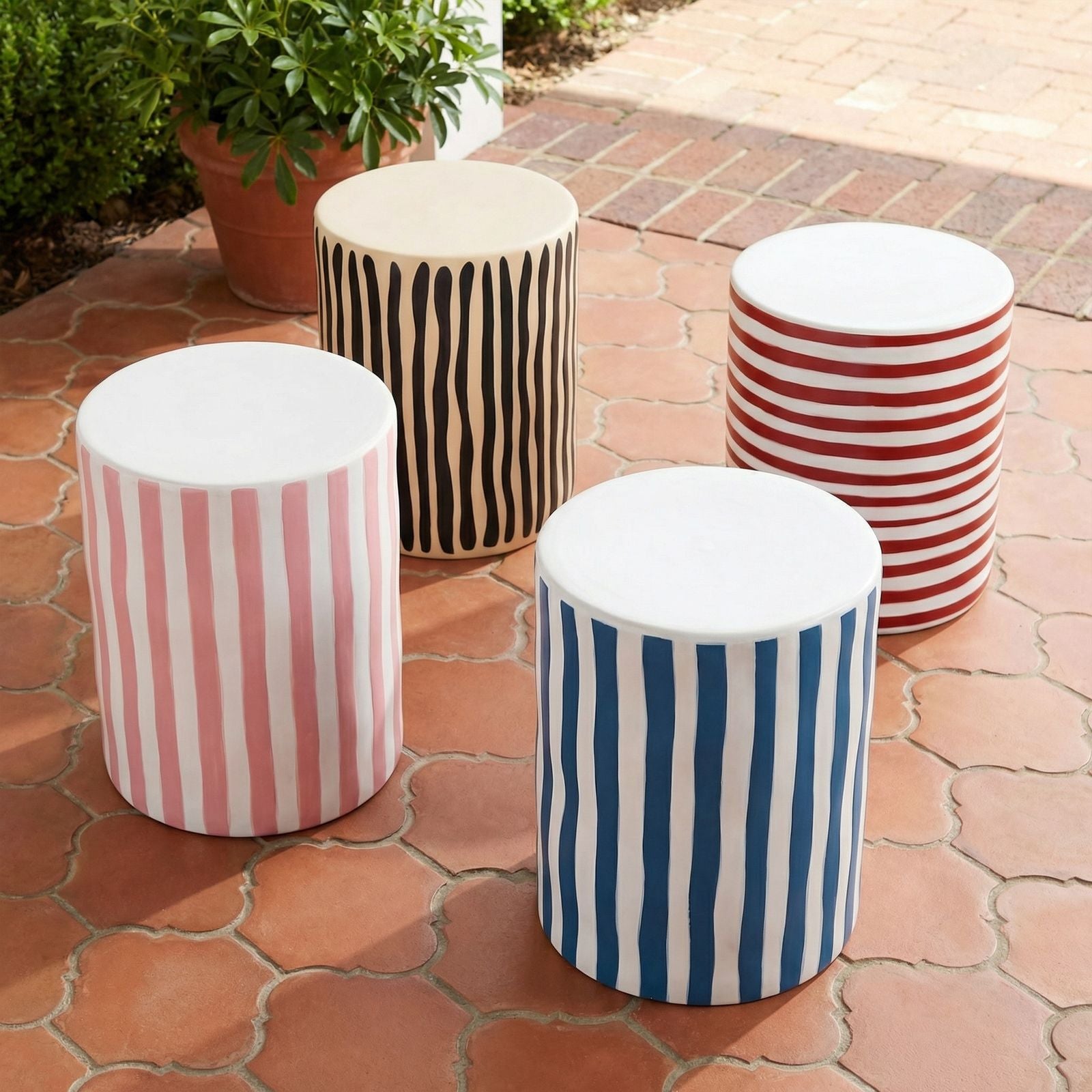 Tempest Indoor/Outdoor Ceramic Table in Stripes - Pink Stripes - Image 2