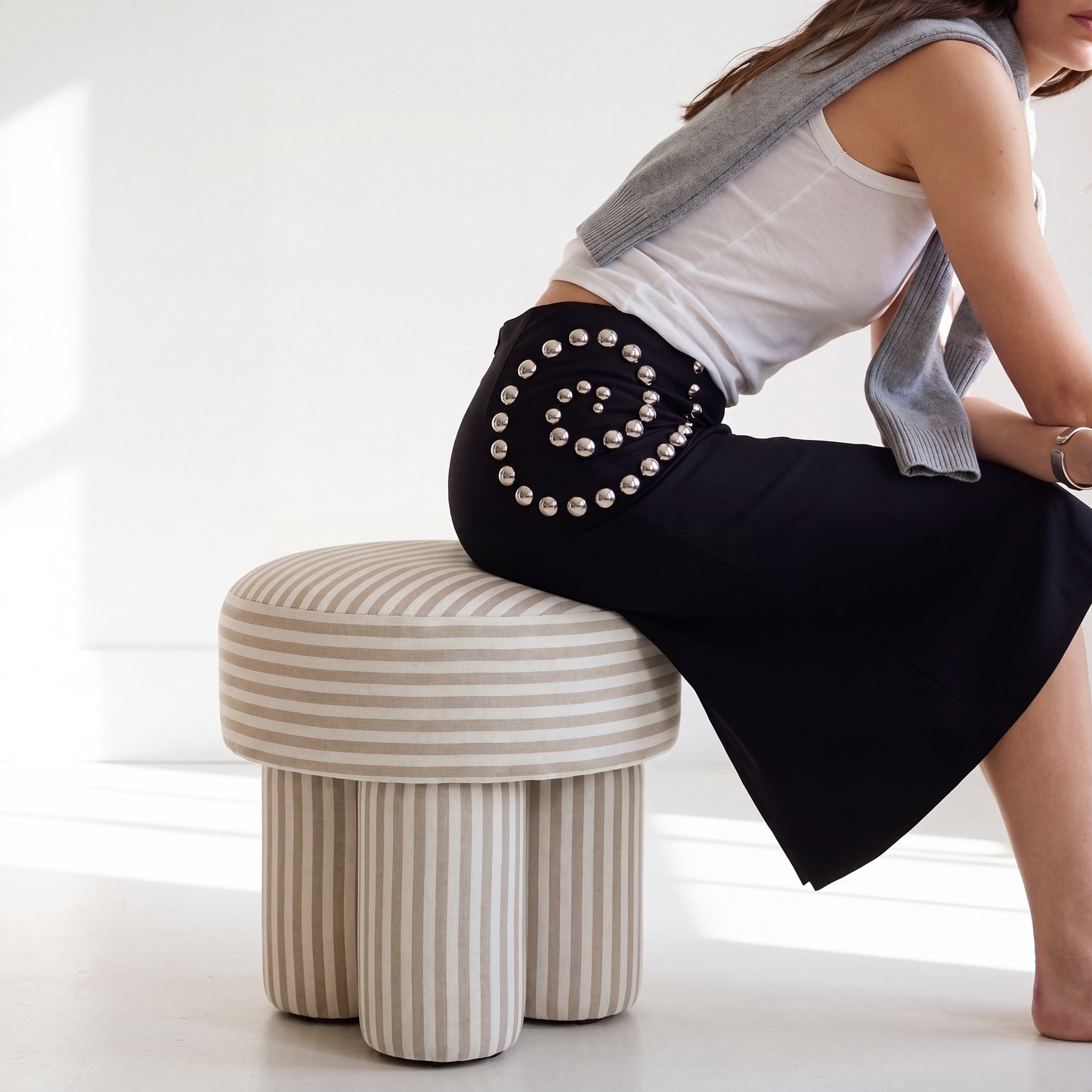 Masha Linen Accent Stool - Khaki Stripes - Image 3