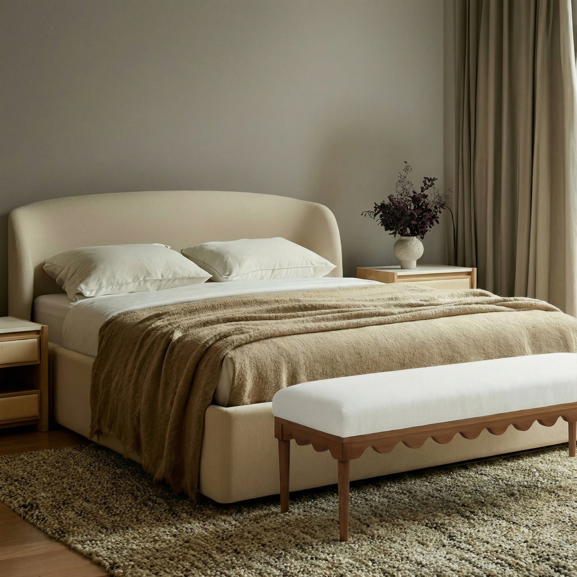 Oodle 56.5" Performance Vegan Mohair Bench - Cream / Walnut - Image 2