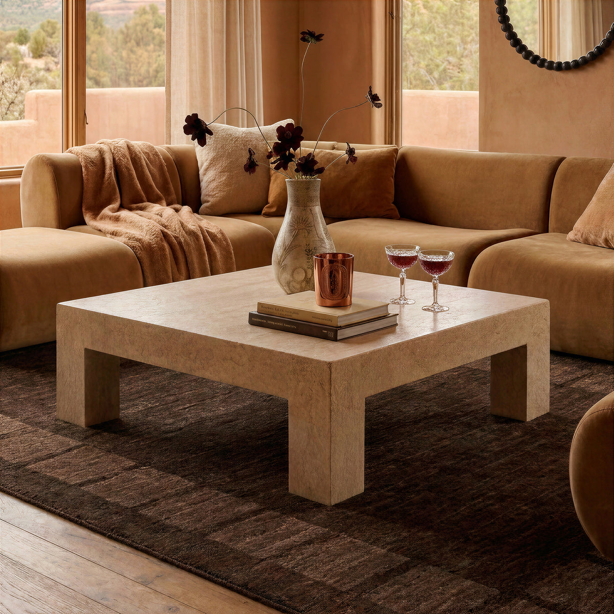 Roxanne 46" Faux Travertine Indoor/Outdoor Concrete Coffee Table - Image 2