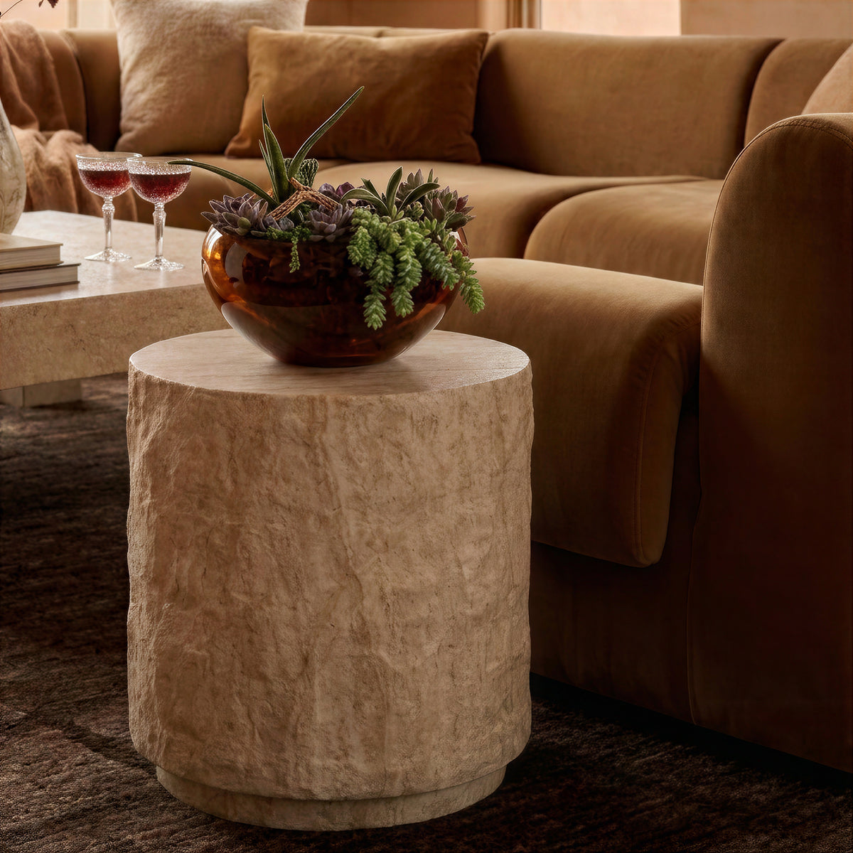 Roxanne Faux Travertine Indoor/Outdoor Concrete Side Table - Image 2