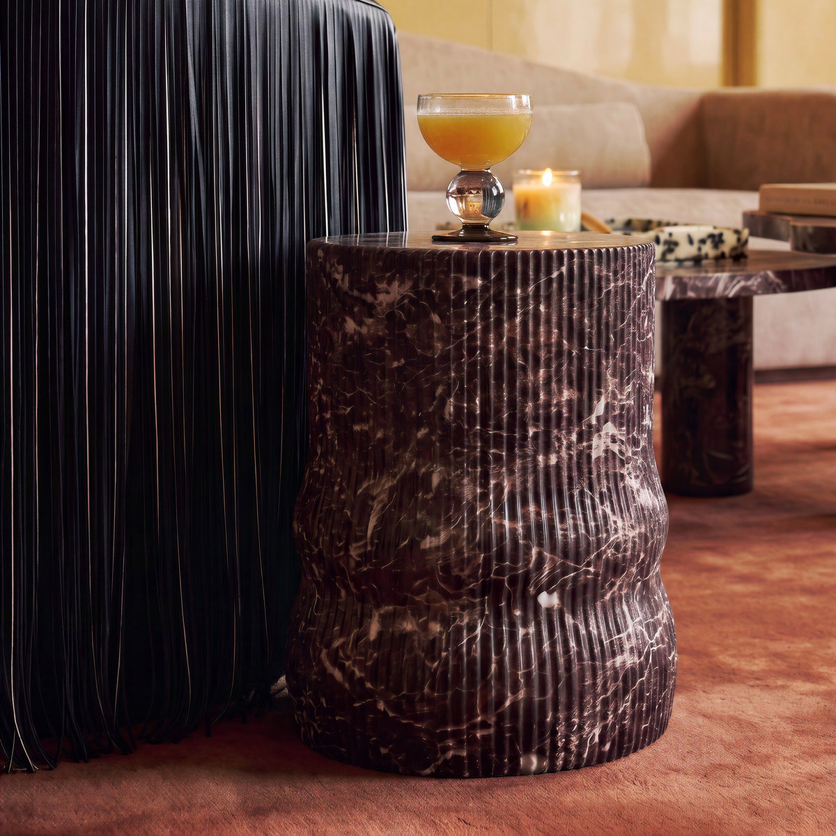 Cilla Red Faux Levanto Marble Indoor/Outdoor Concrete Side Table - Image 2
