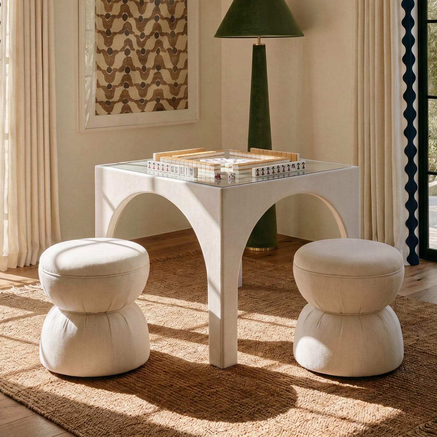 Tomlin Performance Chenille Game Table and Two Ottomans Set - Cream - Image 2