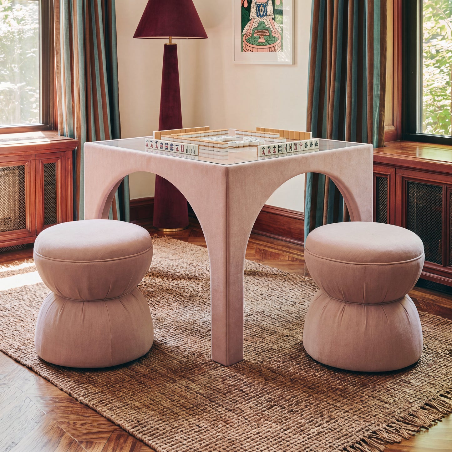 Tomlin Performance Chenille Game Table and Two Ottomans Set - Light Pink - Image 1