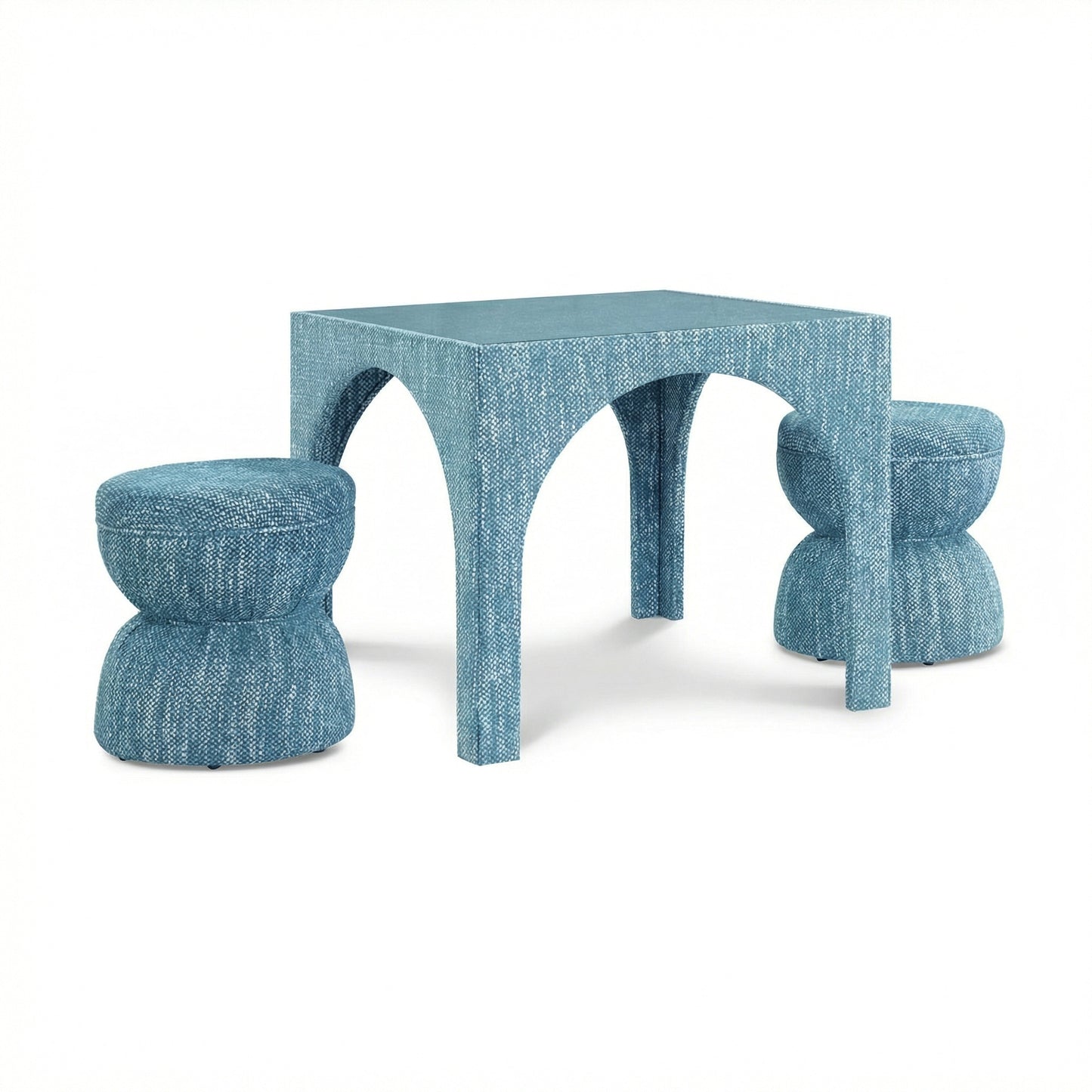 Tomlin Performance Chenille Game Table and Two Ottomans Set - Teal - Image 1