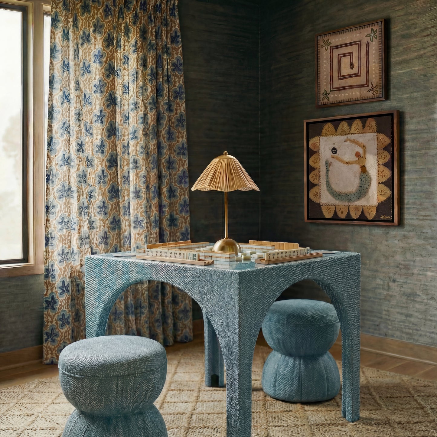 Tomlin Performance Chenille Game Table and Two Ottomans Set - Teal - Image 2