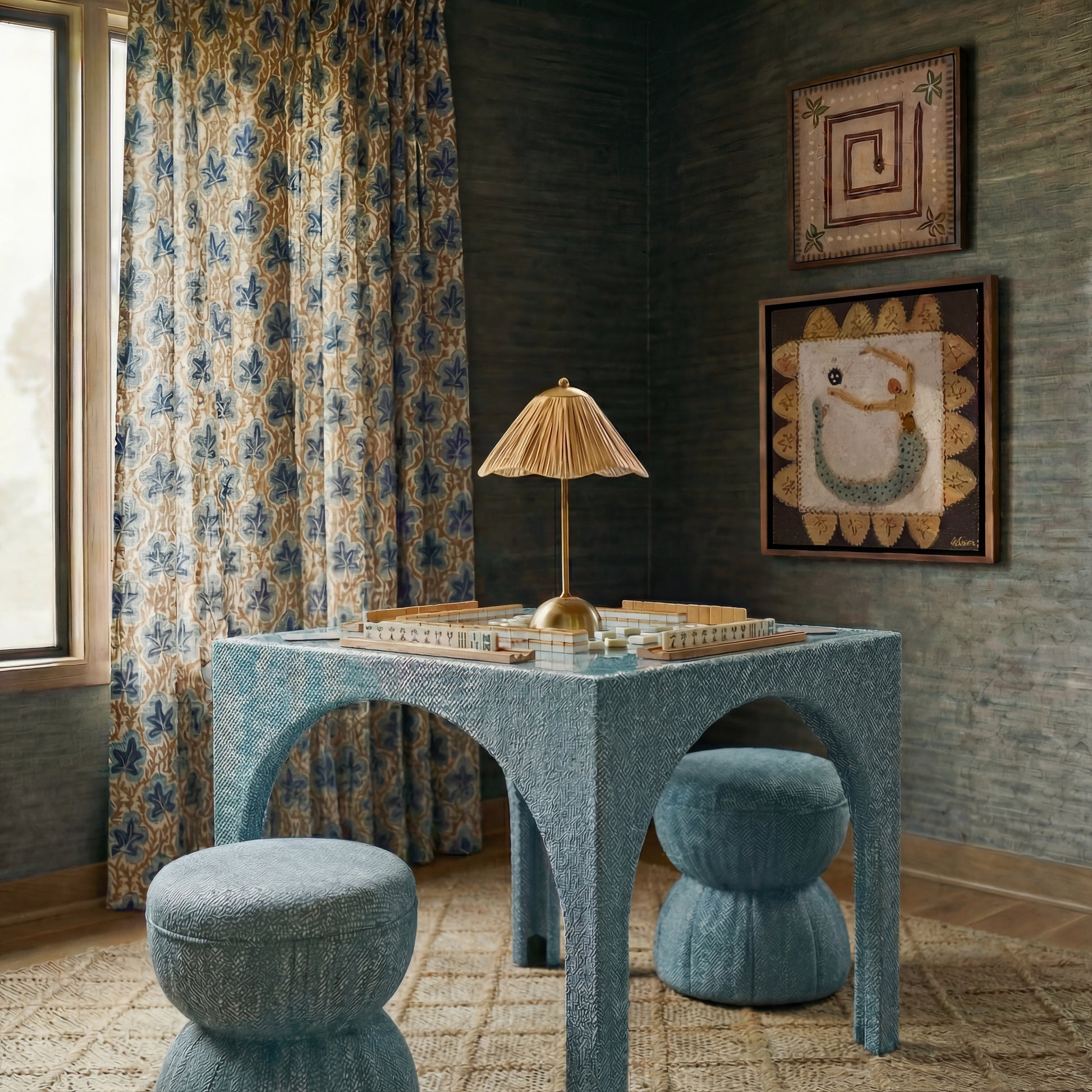 Tomlin Performance Chenille Game Table and Two Ottomans Set - Teal - Image 2