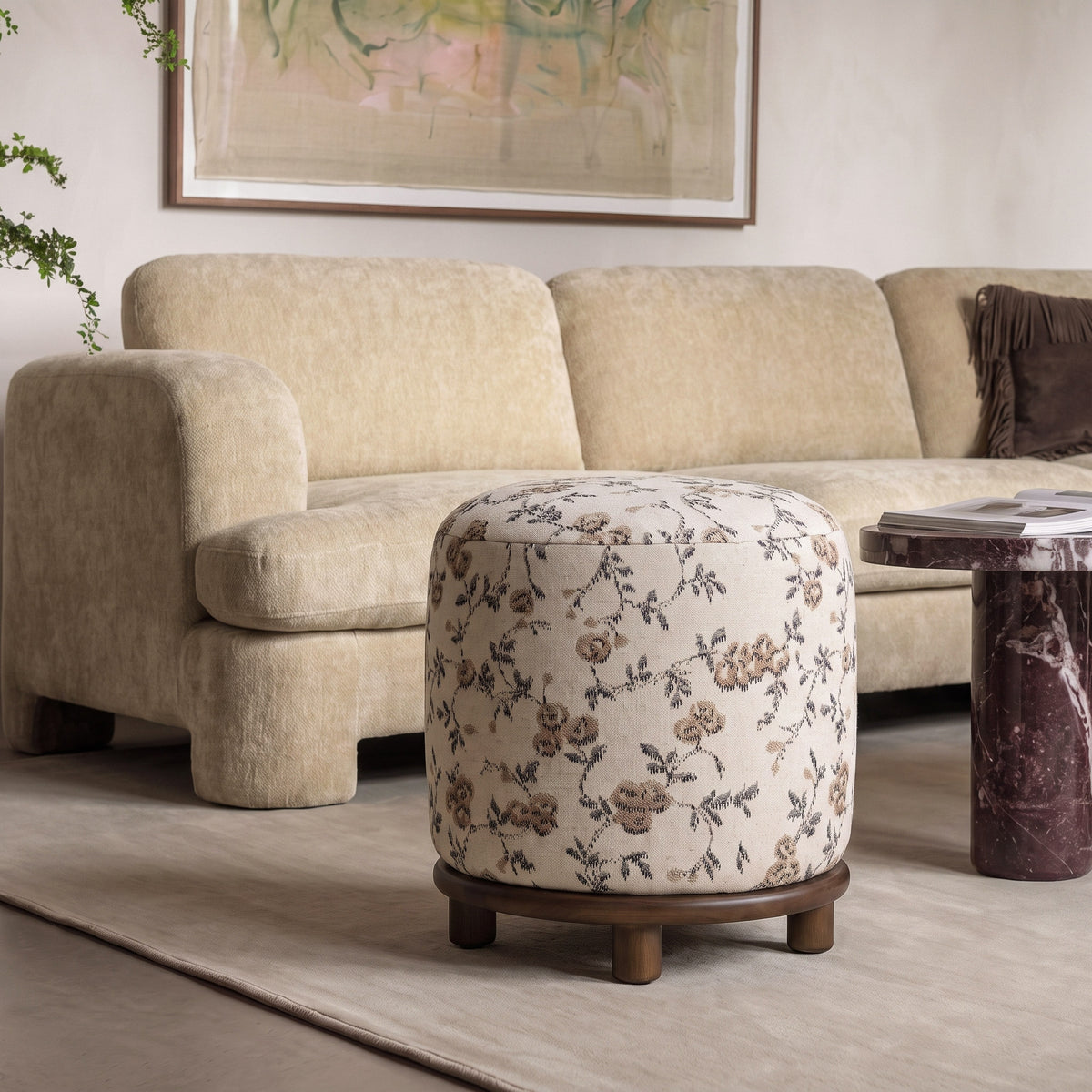Bisou Performance Jacquard Ottoman - Beige Floral - Image 2