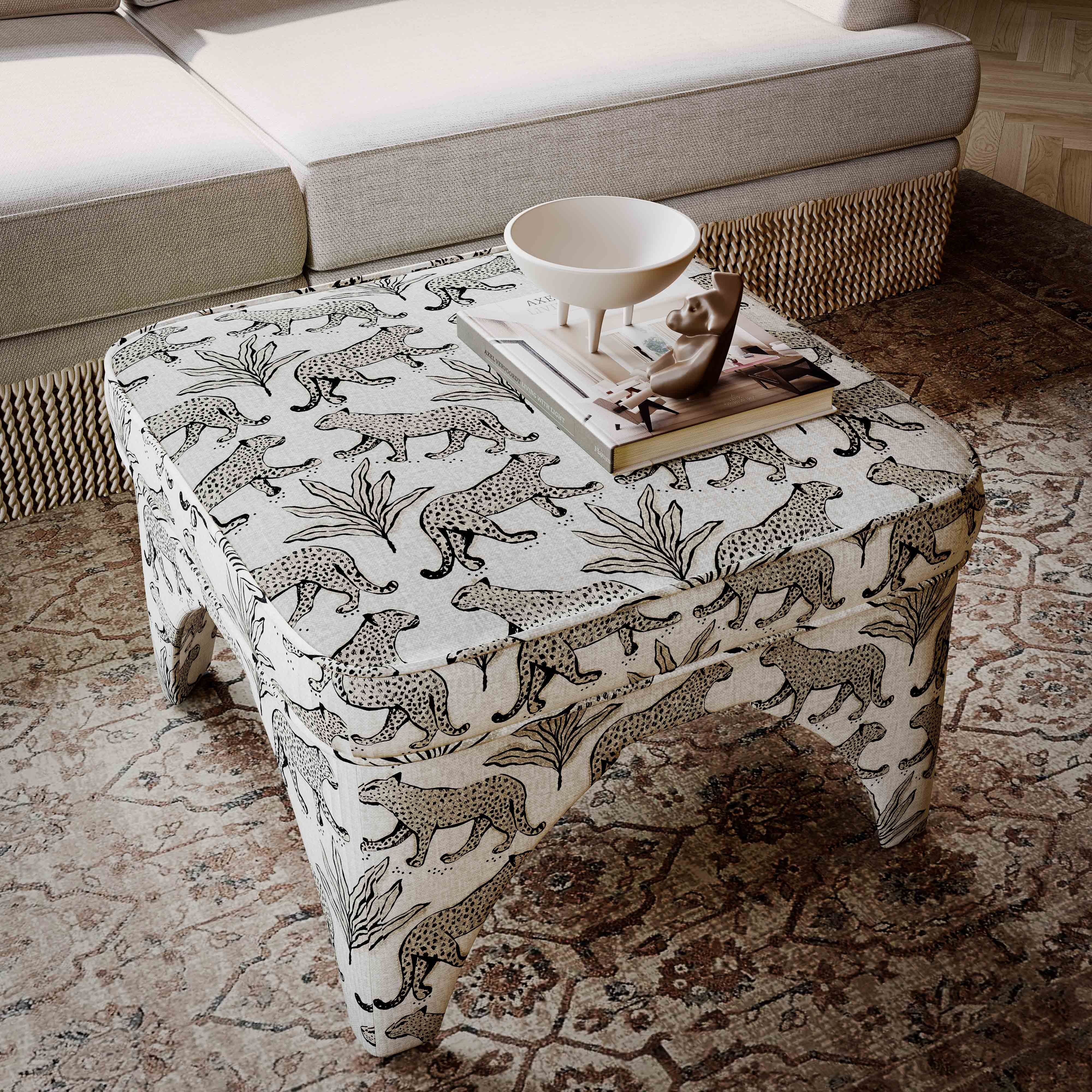 Raji Leopard Performance Jacquard Ottoman | TOV Furniture