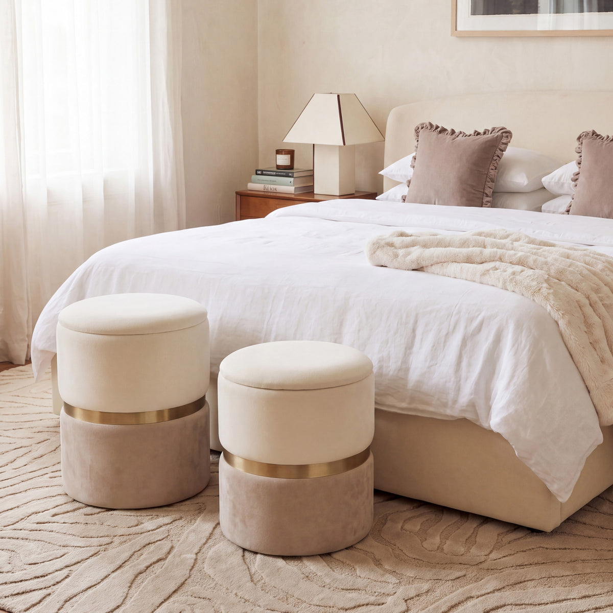 Gigi Cream and Tan Chenille Storage Ottoman - Set of 2 - Image 2