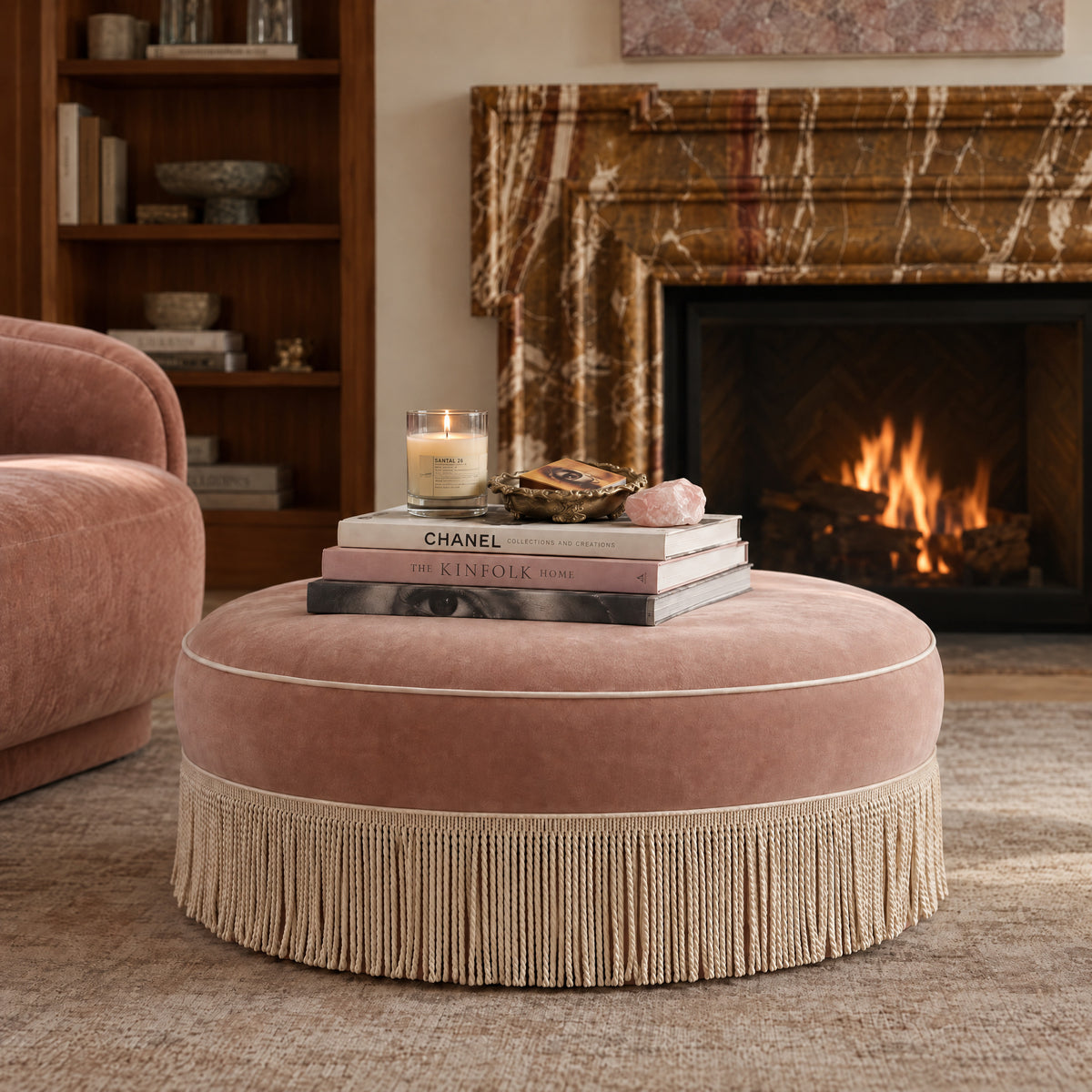 Tassy Tasseled Round Ottoman - Pink - Image 2