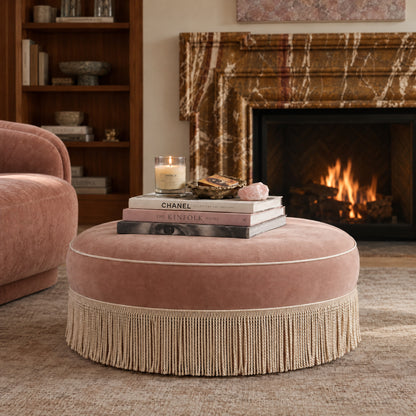 Tassy Tasseled Round Ottoman - Pink - Image 1