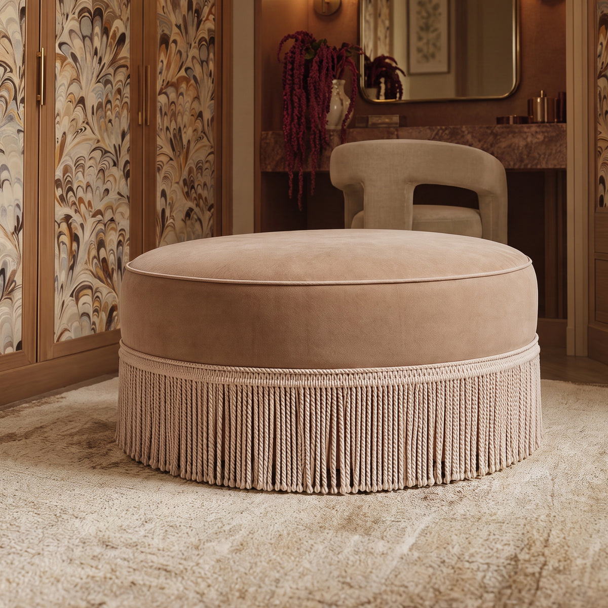 Tassy Tasseled Round Ottoman - Tan - Image 2