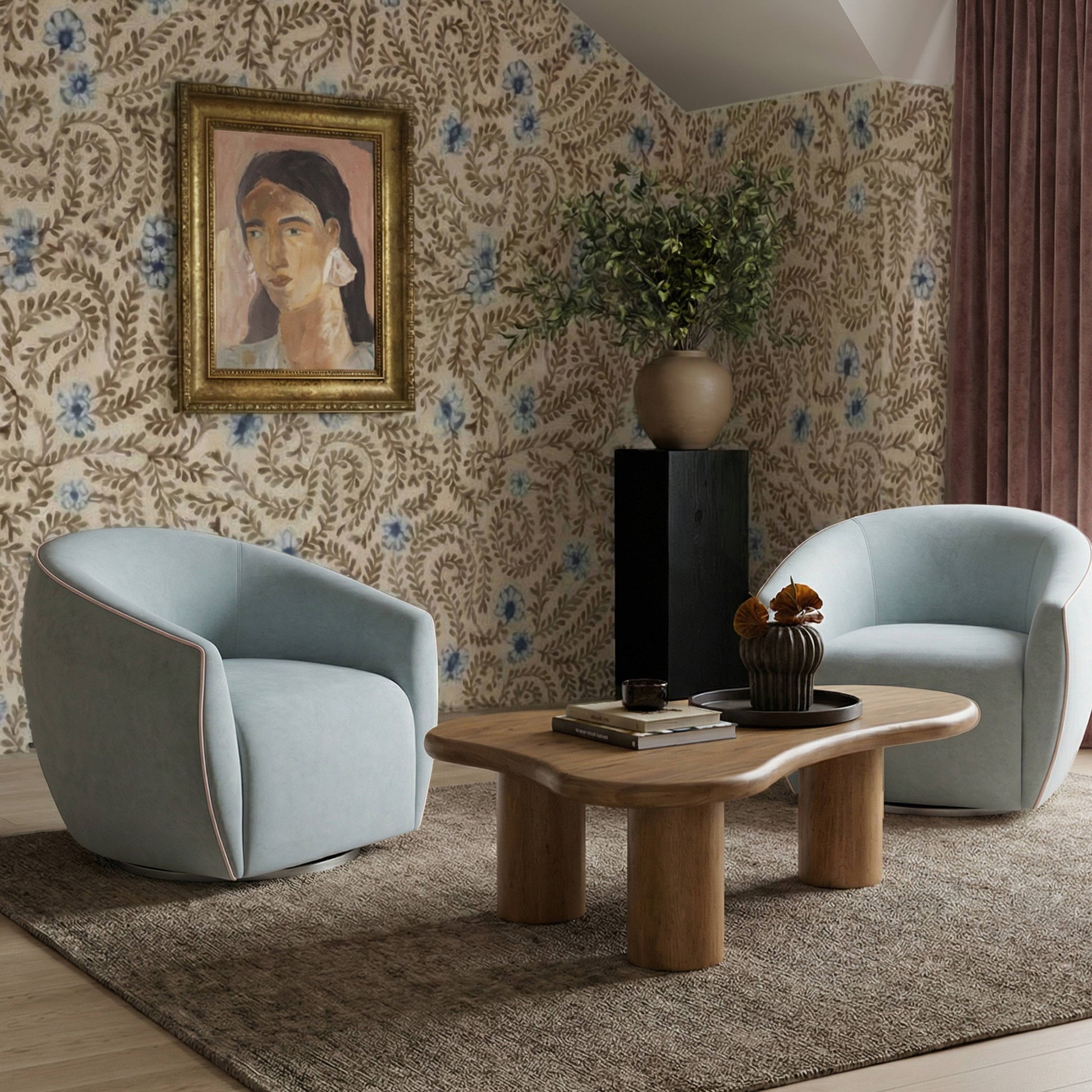 Jordan Contrast Piping Performance Velvet Swivel Accent Chair - Baby Blue,Cream - Image 2