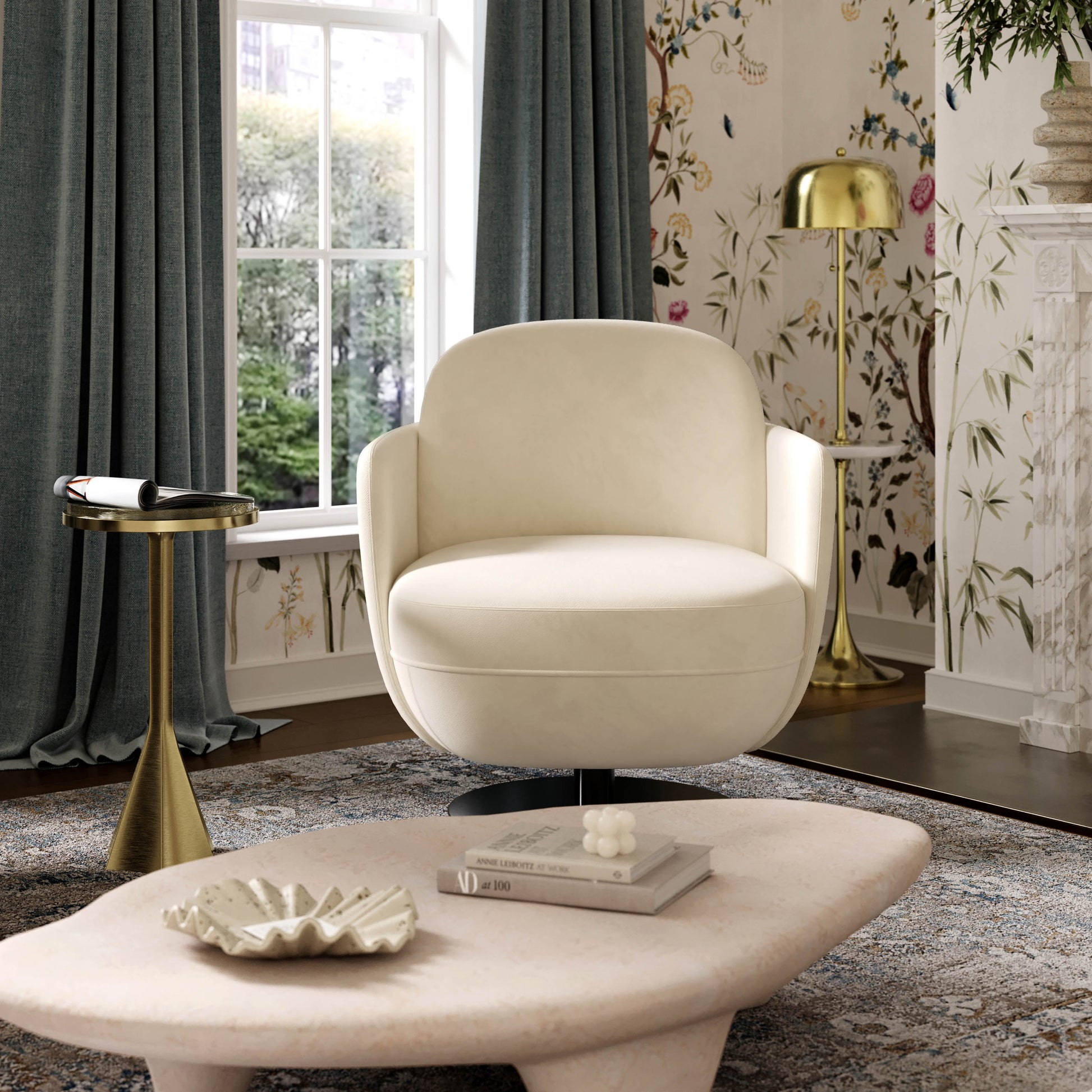 Solange Performance Velvet Swivel Accent Chair - Cream - Image 2