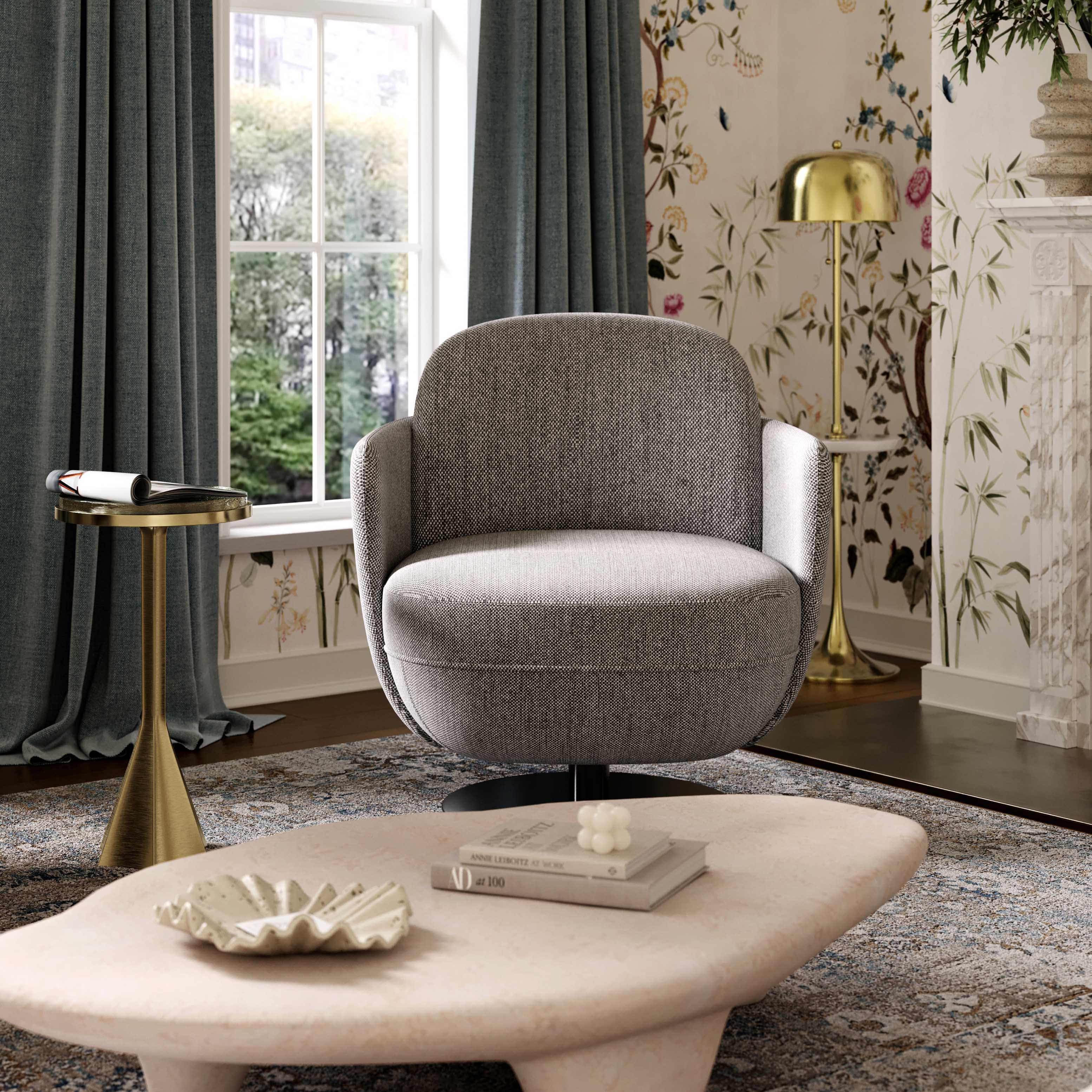 Solange Grey Textured Contract-Grade Weave Fabric Swivel Accent